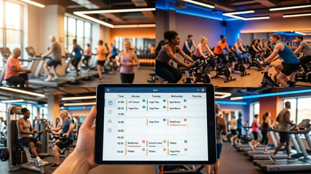 Effective gym class timetable on a tablet with members exercising in background