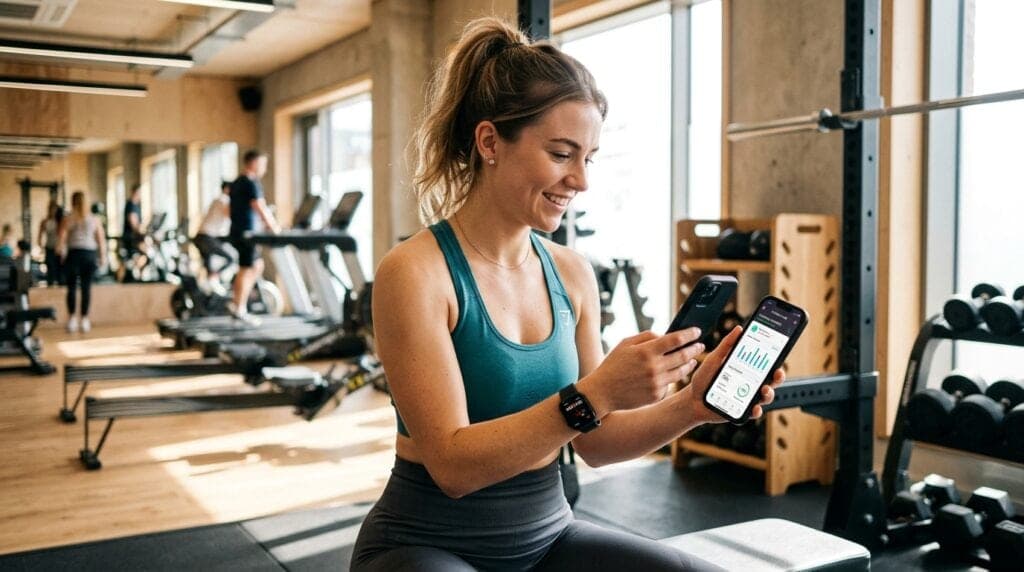 Person checking fitness tracking app on phone at the gym with smartwatch
