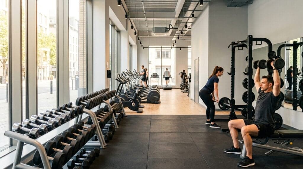 A bright, modern UK gym weights floor with people training considerately, illustrating gym etiquette