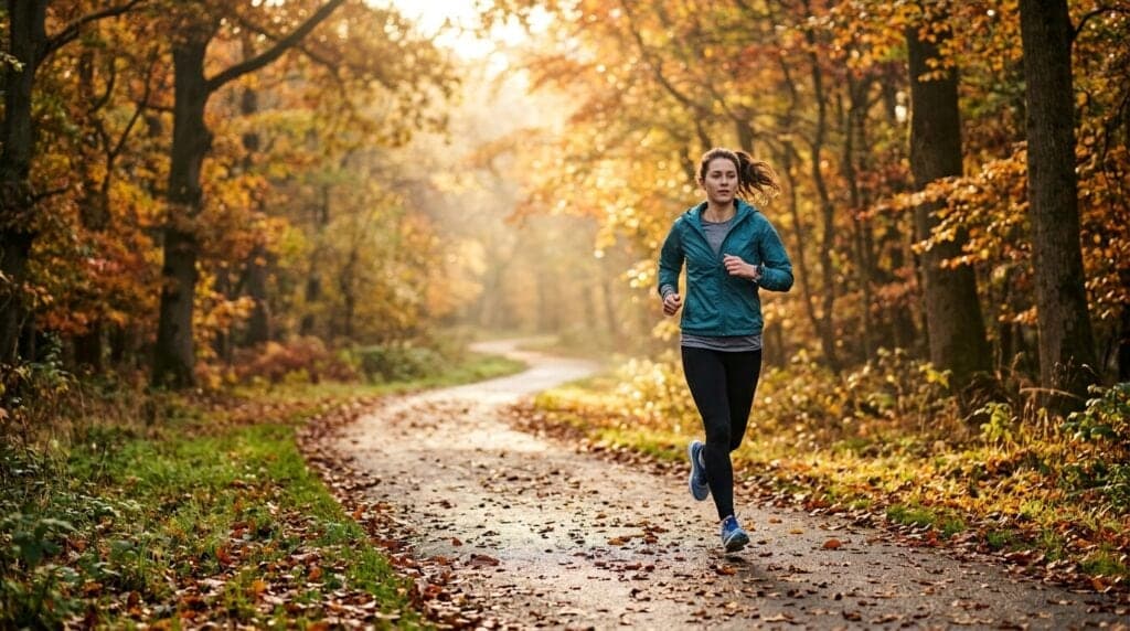 Beginner runner jogging along a UK park path in autumn light as part of a Couch to 5K programme