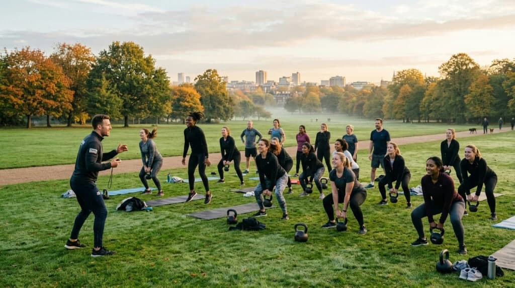 Group of people exercising outdoors at a UK fitness bootcamp session in a park