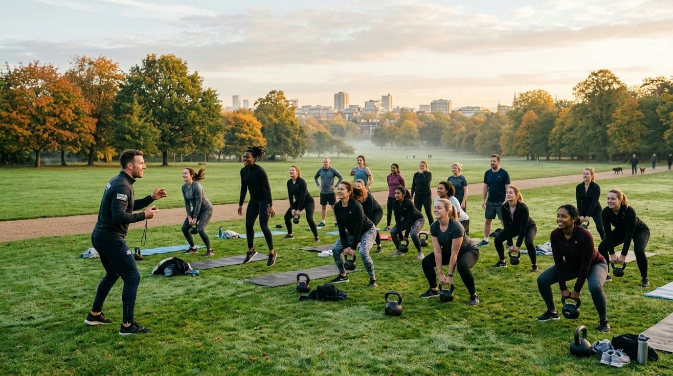 Group of people exercising outdoors at a UK fitness bootcamp session in a park