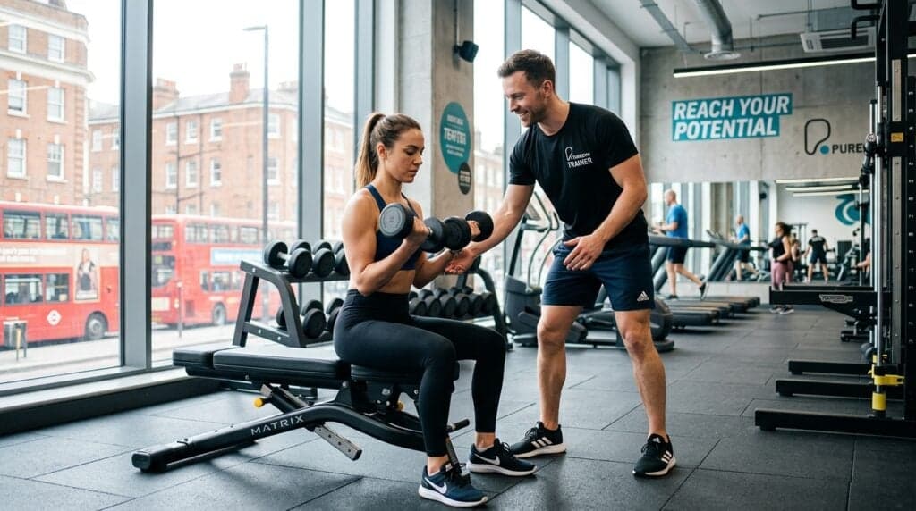 A personal trainer coaching a client through a dumbbell exercise in a modern UK gym
