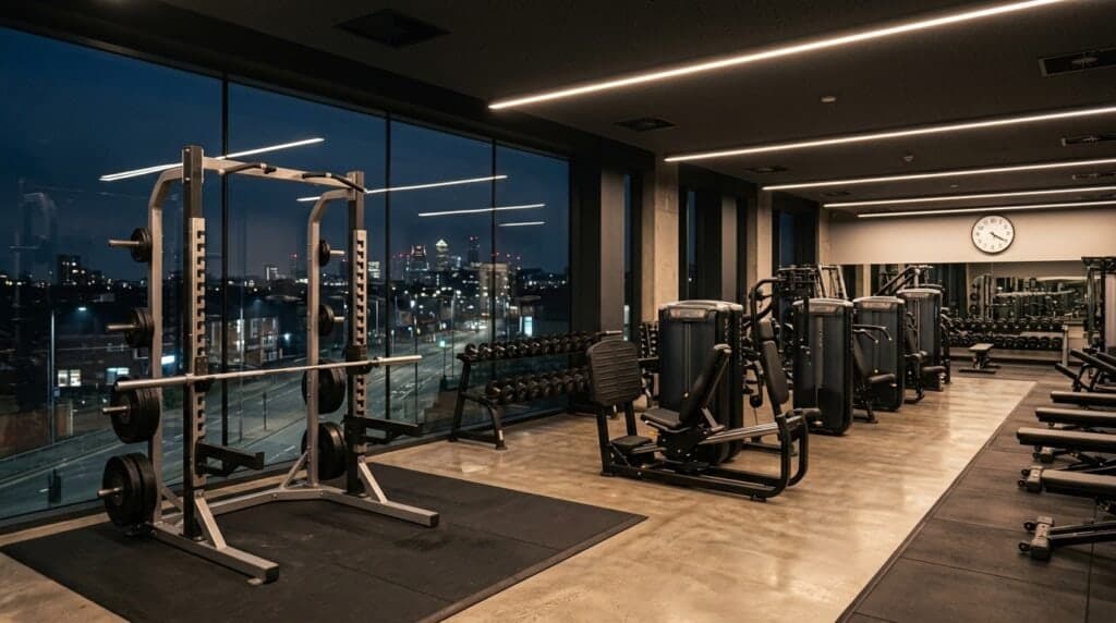 Empty modern UK gym lit at night with a wall clock reading past 4am, representing 24-hour gym access