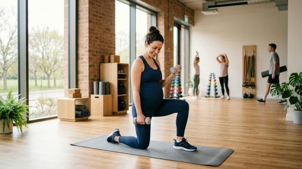 A woman doing a gentle postnatal strength exercise with light dumbbells in a bright UK gym