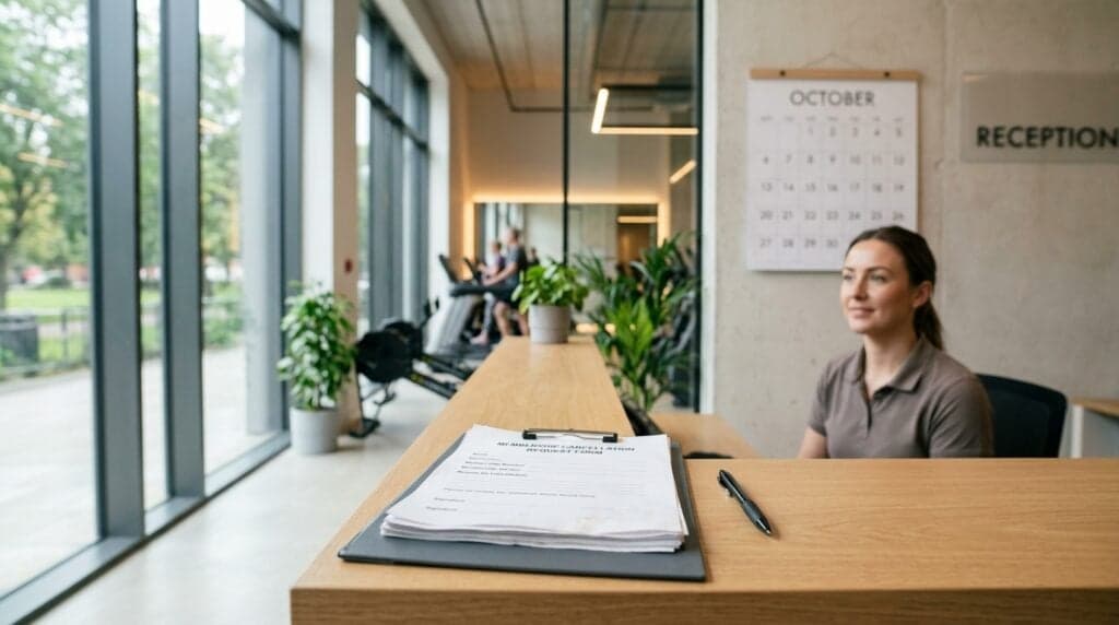 Gym reception desk with a membership cancellation request form and pen on the counter