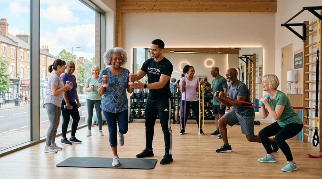 Adults in their 50s and 60s doing a strength and balance training session together in a modern UK gym