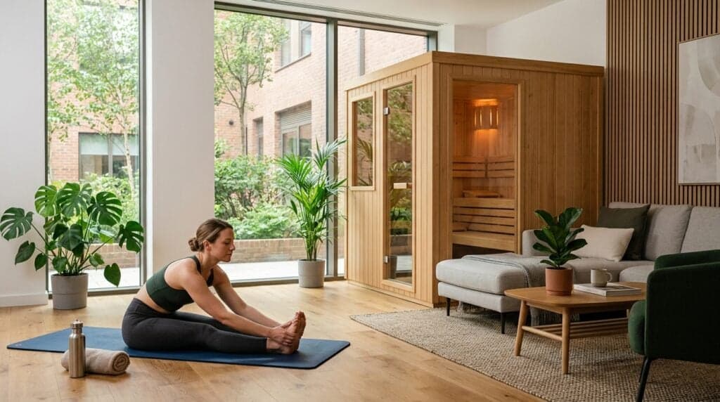 Modern UK gym recovery lounge with sauna and stretching area