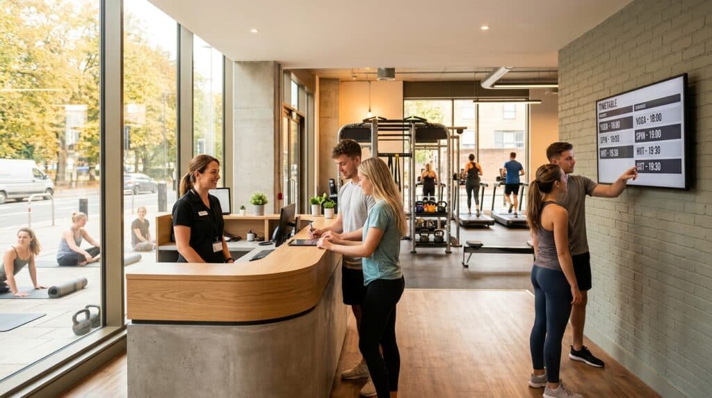 Gym reception staff welcoming new members and checking a class timetable during the September membership surge