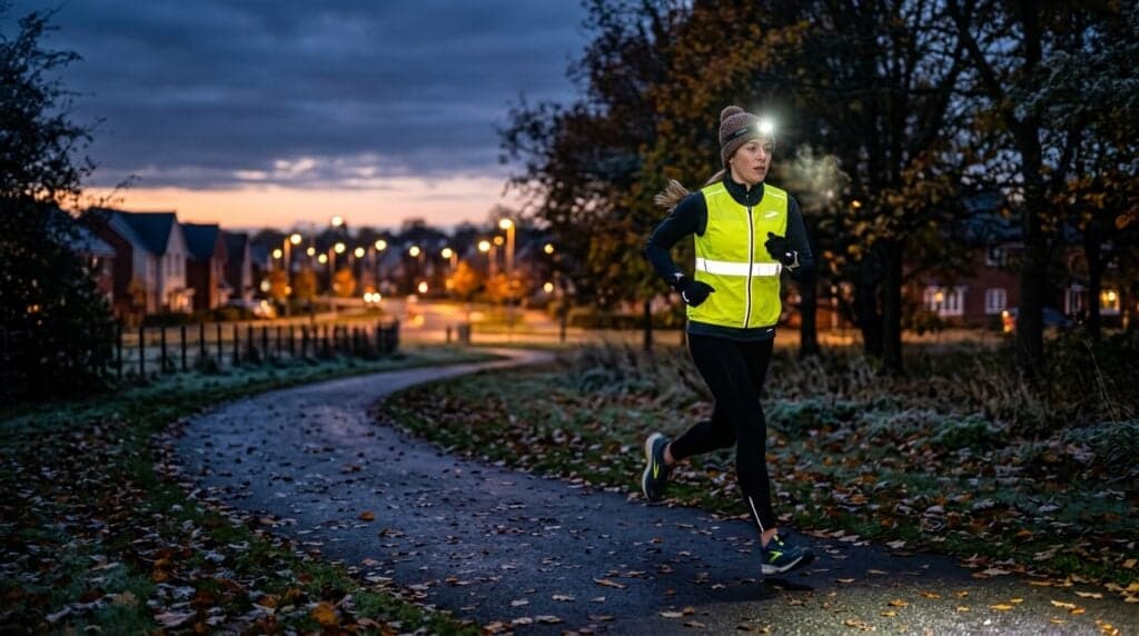 UK runner training outdoors at dawn in autumn with a head torch and reflective gilet