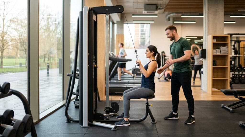A new gym member confidently using a cable machine in a bright, welcoming UK gym while a staff member offers friendly guidance