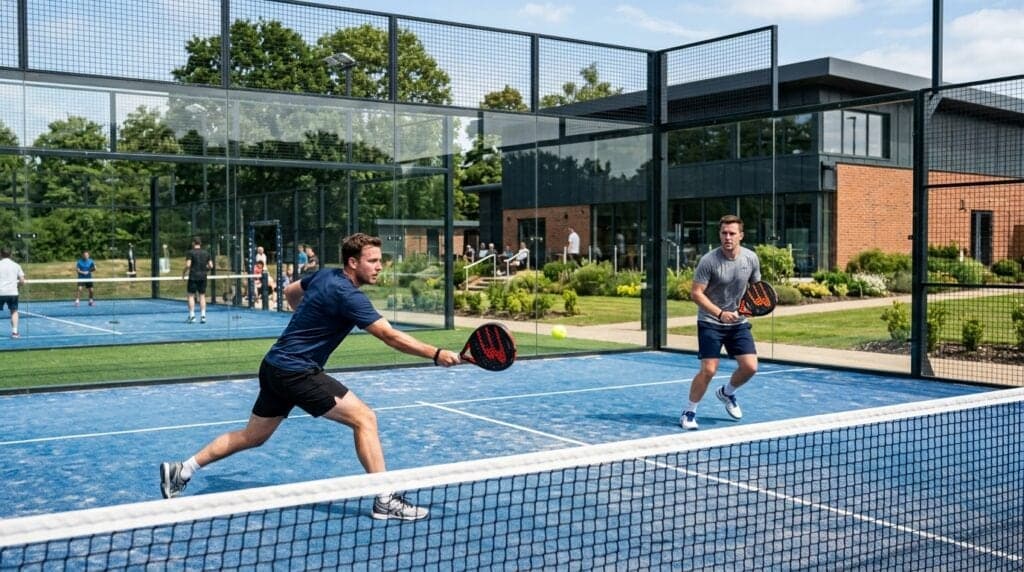 Two players in a rally on a modern glass-walled padel court in the UK
