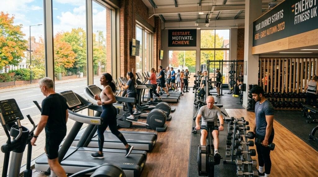 People restarting their fitness routine in a bright UK gym in early autumn