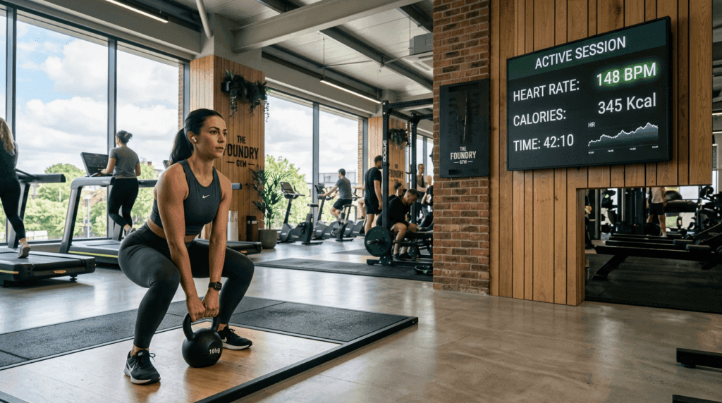 UK gym member using a wearable fitness tracker during a workout, with engagement data displayed on a nearby screen