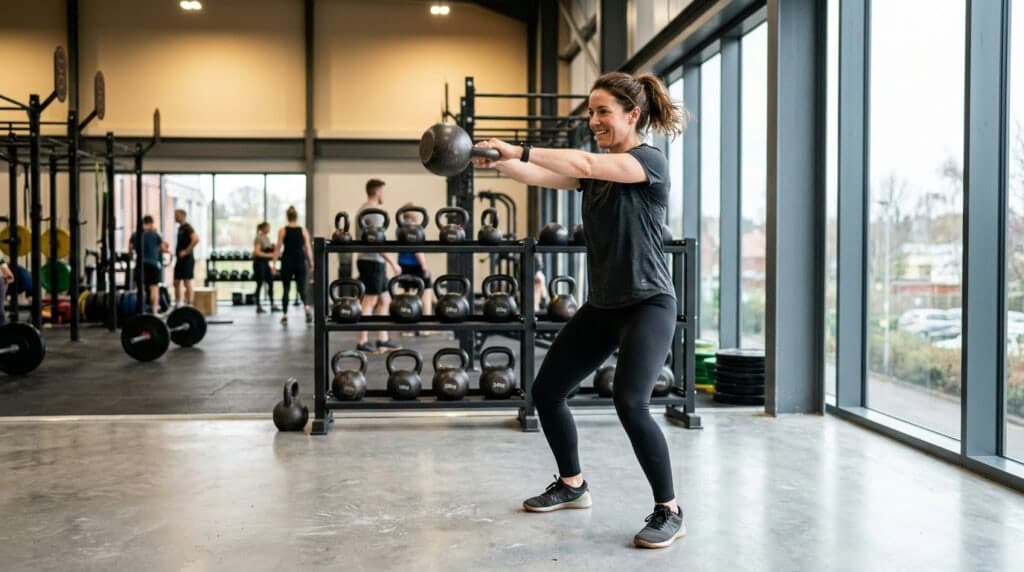 Woman performing a kettlebell swing in a modern UK gym functional training area