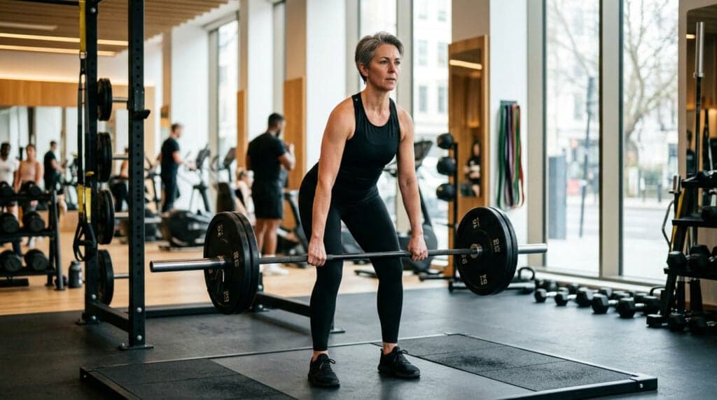 Woman in her 40s lifting a barbell in a modern UK gym during menopause