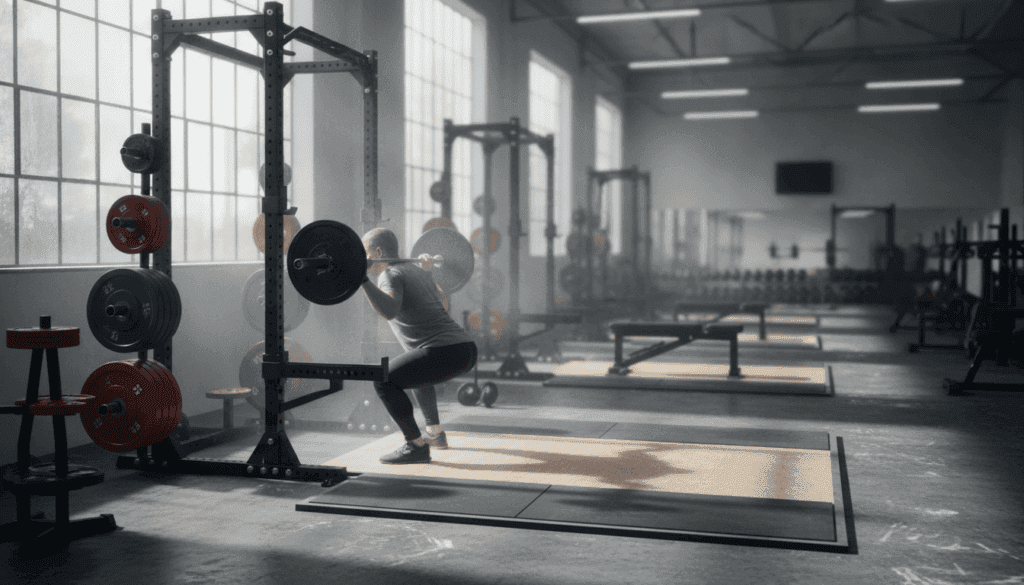 Person performing a barbell squat at a power rack in a modern UK gym powerlifting area