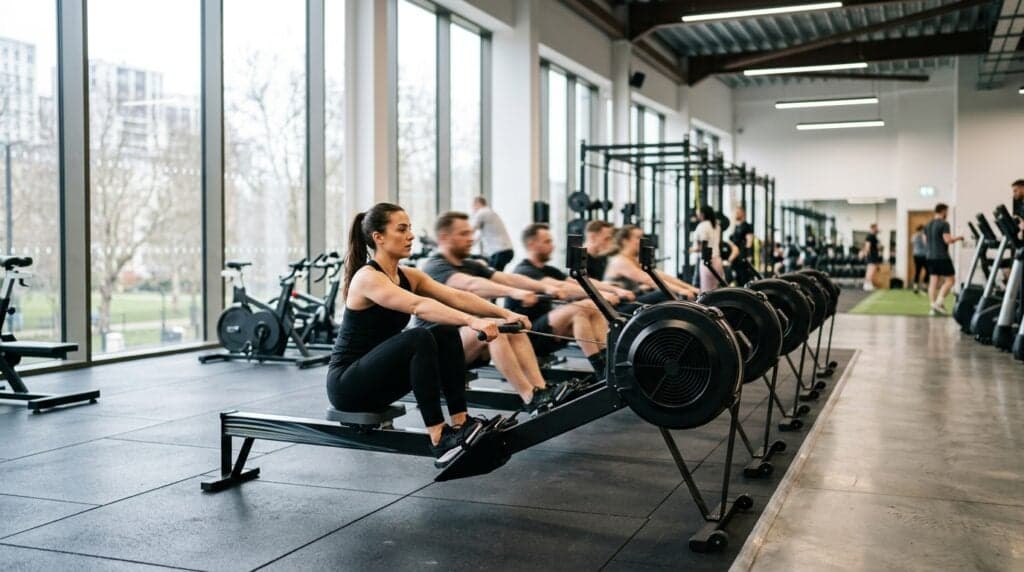 Rowing machines in a modern UK gym with a person using proper rowing technique