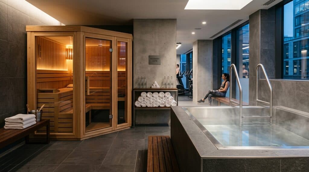 Modern UK gym recovery suite with sauna cabin and cold plunge pool